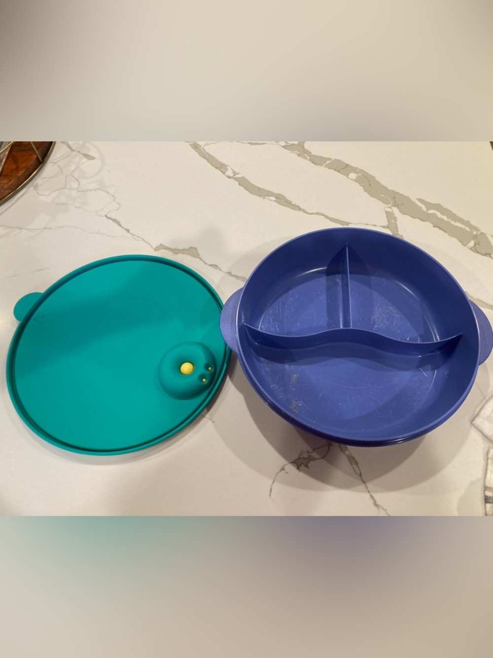 Tupperware CrystalWave Vent 'N Serve 3 Divided Dish food storage lid blue green